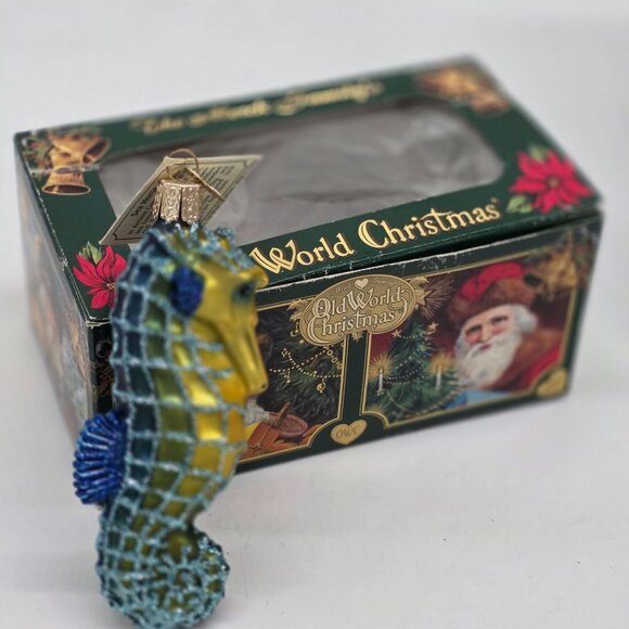 Old World Christmas Blue Seahorse Ornament Glass Blown Hand-Painted Box - Picture 2 of 16